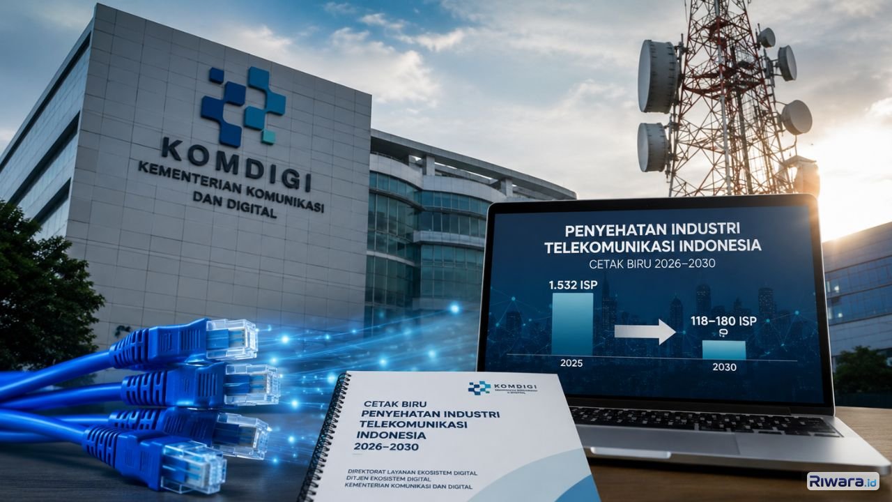 Ilustrasi blueprint penyehatan industri telekomunikasi nasional dan infrastruktur jaringan internet Indonesia. Dokumen Komdigi menyoroti dorongan konsolidasi ISP serta penguatan kualitas layanan internet nasional hingga 2030.